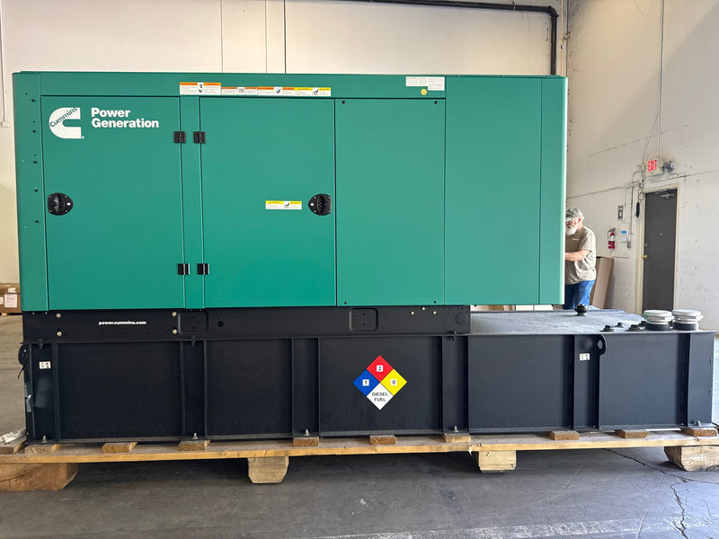 Load image into Gallery viewer, Cummins C80D6C diesel generator with green sound attenuated enclosure and subbase regional fuel tank