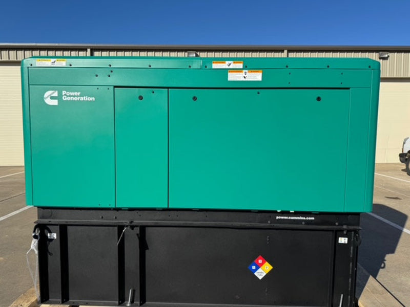 Load image into Gallery viewer, Cummins C50D6 diesel commercial generator with green aluminum sound enclosure and 24-hour subbase fuel tank.