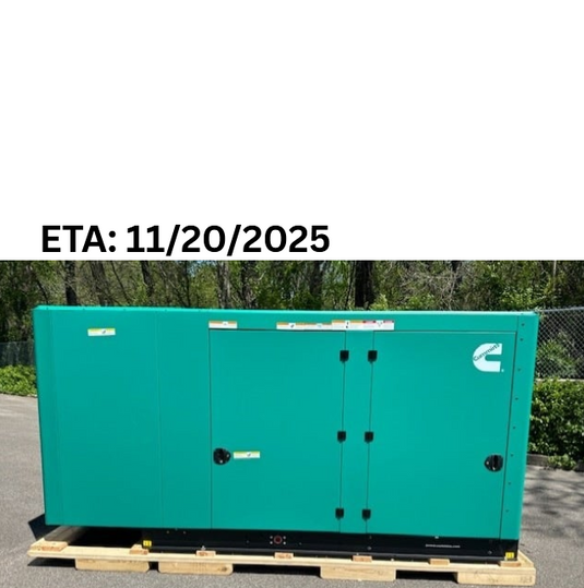 Cummins RS125 commercial generator with green sound attenuated enclosure and an ETA of 11/20/25