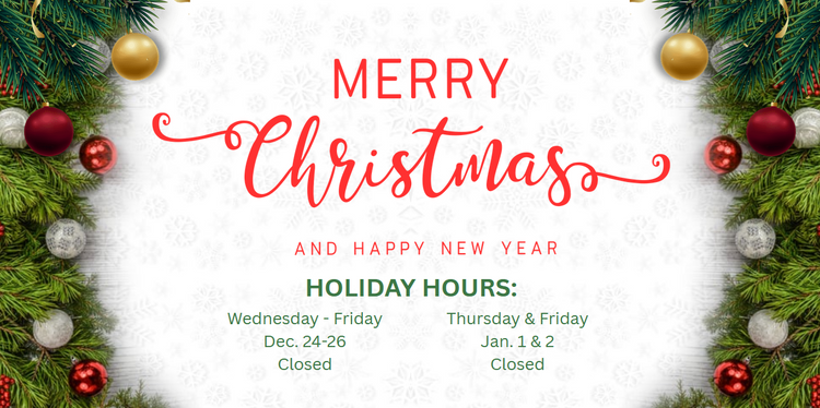 Christmas-themed holiday hours sign with festive decorations on a white background