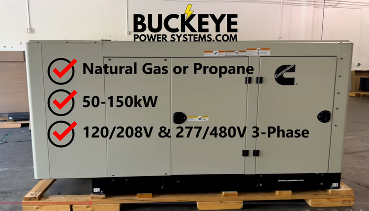 Generator with Buckeye Power Systems branding and specifications on a pallet.