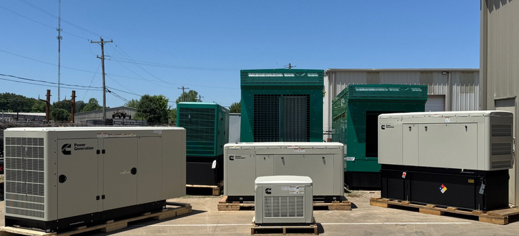 Collection of industrial generators on a clear day with blue sky.