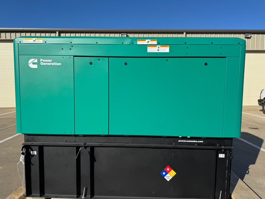 Cummins C50D6 diesel commercial generator with green aluminum enclosure and subbase fuel tank