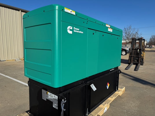Cummins C50D6 diesel commercial generator with green aluminum enclosure and subbase fuel tank