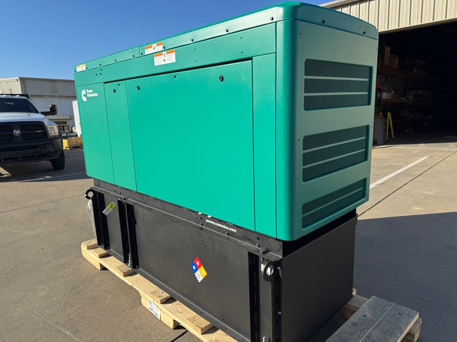 Load image into Gallery viewer, Cummins C50D6 diesel commercial generator with green aluminum enclosure and subbase fuel tank
