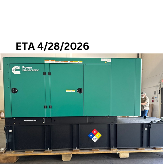Cummins C100D6C diesel generator with green sound attenuated enclosure and ETA: 4/28/26