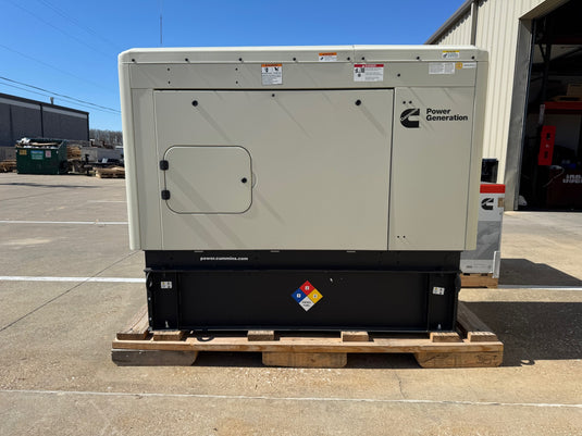 Cummins C20D6 diesel generator front view with sound attenuated sandstone enclosure and 24-hour subbase fuel tank