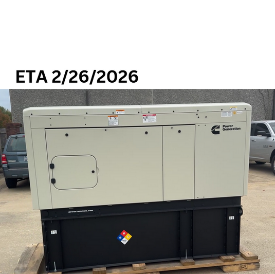 50kW Cummins Diesel Power generation unit on a pallet with 'ETA 2/26/2026' text and Cummins logo.