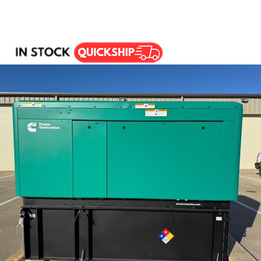 Cummins C50D6 commercial diesel generator with green sound enclosure and 24-hour subbase fuel tank