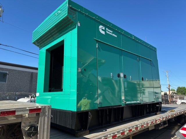 Load image into Gallery viewer, Cummins DQDAA 250kW diesel generator exterior view with green weather enclosure and 24-hour subbase fuel tank.
