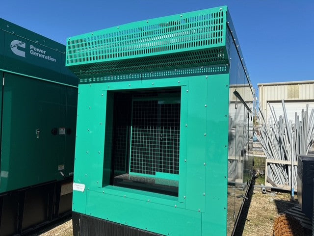 Load image into Gallery viewer, Cummins DQDAA 250kW diesel generator exterior view with green weather enclosure and 24-hour subbase fuel tank.
