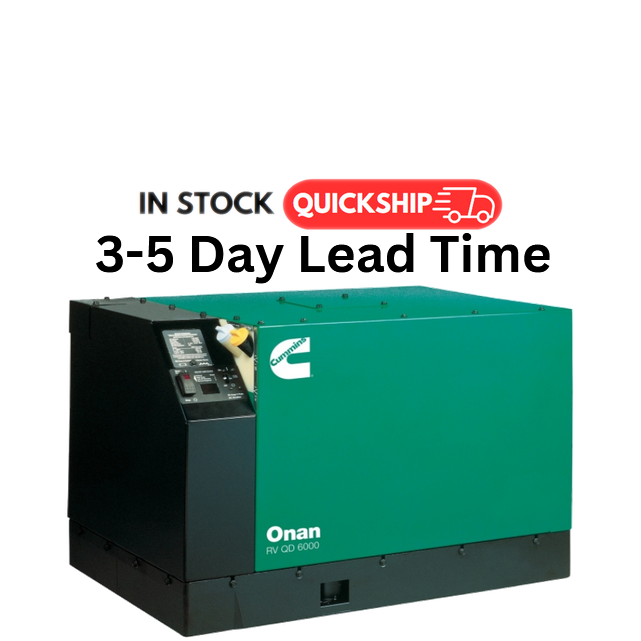 Load image into Gallery viewer, Green and black generator with 'Onan' branding on a white background, featuring text about stock availability and lead time.
