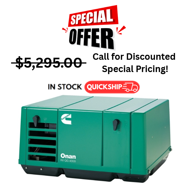 Load image into Gallery viewer, Green generator with Onan logo, special offer text, and quickship icon on a white background
