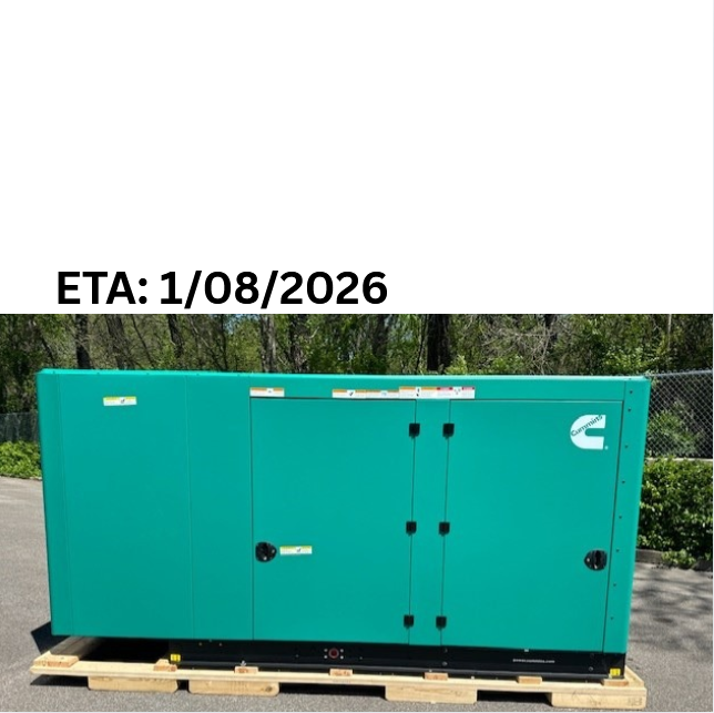 Green generator on a pallet with 'ETA: 1/08/2026' text.
