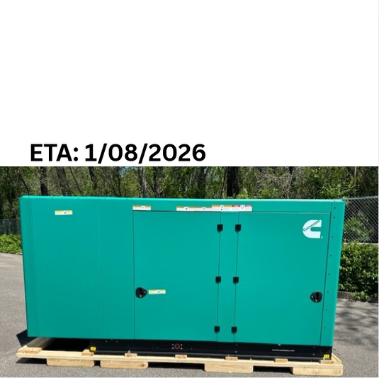 Green generator on a pallet with 'ETA: 1/08/2026' text.