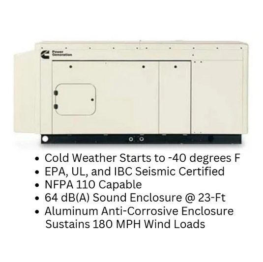 Cummins QuietConnect showing brief generator specifications